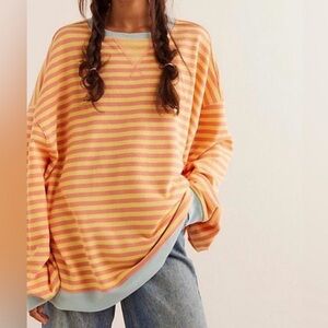 New Free People Classic Striped Oversized Crewneck Tangerine Combo Women's Sz M
